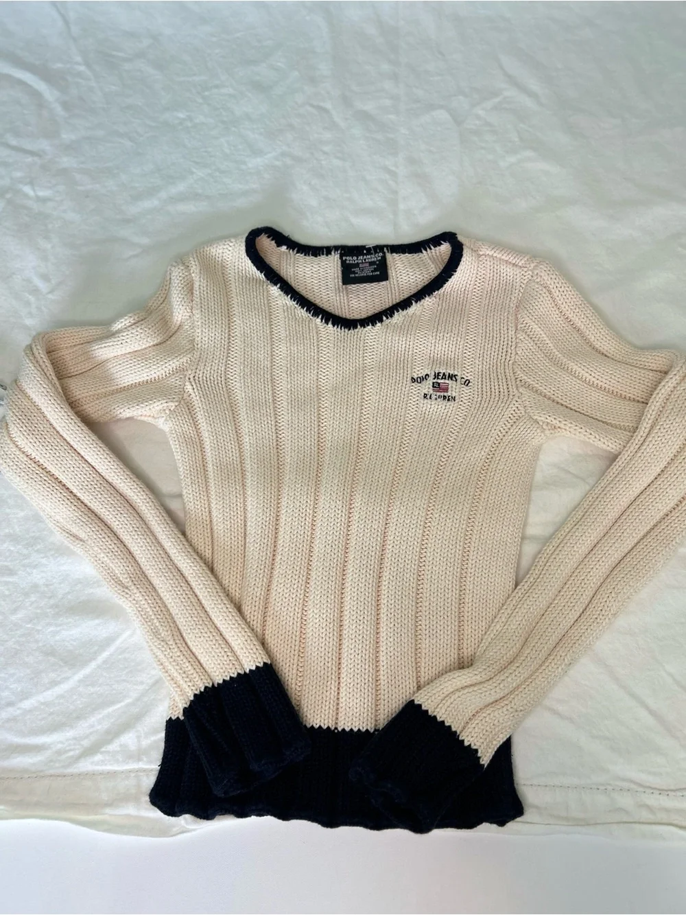 VTG Y2K Polo Jeans Co Ralph Lauren Flag Knit Sweater Cream Navy Blue Trim Small - Picture 4 of 8